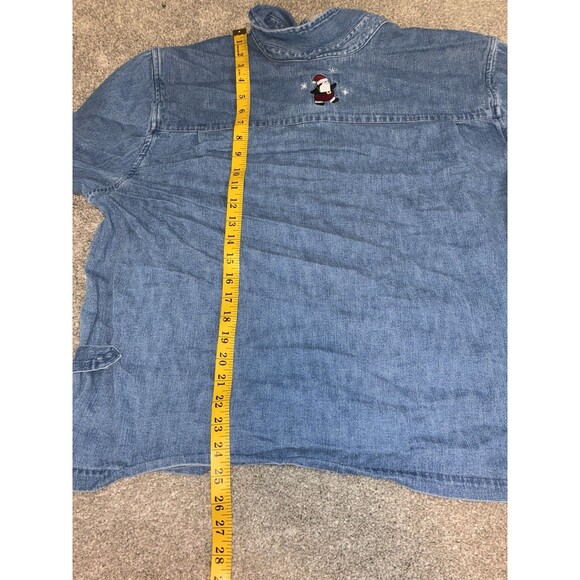 CJ Banks Christmas Santa Penguin Embroidered Denim Shirt 100% Cotton Button Down - Picture 7 of 8